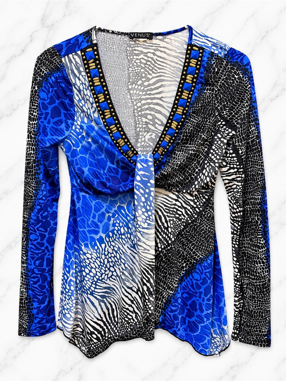 VENUS Blue Animal Print Embellished V-Neck Asymmetrical Top | Size Small